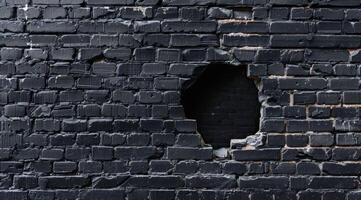 This image shows a closeup of a textured black brick wall with a prominent circular hole, highlighting the contrast between the dark bricks and the exposed area behind, adding depth and intrigue photo