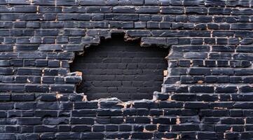 A rugged black brick wall features a large hole, highlighting the contrast between the damaged area and surrounding intact surfaces, emphasizing its unique character and rich story photo