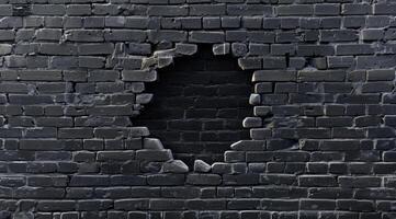 This stunning 3D rendering features a captivating hole in a textured black brick wall, highlighting the contrast between rugged bricks and the void, inviting contemplation of its details and design photo