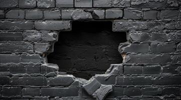 A striking and visually appealing 3D illustration that showcases a large damage hole in a textured black brick wall, allowing a glimpse into a dark, mysterious inner space beyond the wall photo