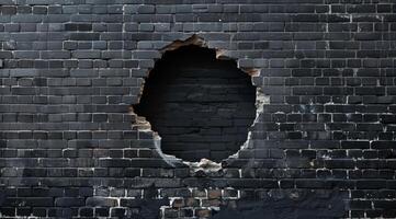 The image shows a damaged black brick wall with a large circular hole, revealing a dark interior. The aged bricks add character, making the scene visually appealing and thoughtprovoking photo
