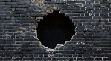 The image features a large circular hole in a wall of blackened bricks, highlighting the brick texture and depth of the opening, inviting viewers to consider the surrounding stories photo