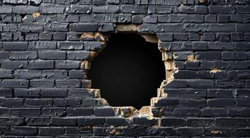 This urban scene showcases a weathered black brick wall with a large hole, adding depth and character, creating a gritty texture that makes the area feel alive with captivating stories photo