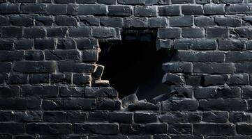 This 3D closeup vividly illustrates a crumbling black brick wall featuring a large hole that exposes the dark emptiness lurking behind it, strongly emphasizing themes of decay and disruption photo