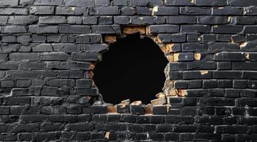 This image features a realistic 3D rendering of a hole in a black brick wall, revealing a dark void beyond. The worn brick texture adds depth and character, enhancing the scenes visual appeal photo