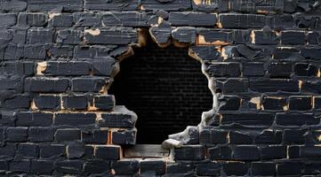 This image shows a large hole in a black brick wall, revealing a mysterious dark space. It represents destruction and urban decay, evoking thoughts on abandonment in contemporary settings photo