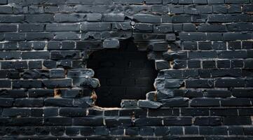 This is a closeup view showcasing a damaged black brick wall that features a prominent and noticeable hole, effectively highlighting the various textures and beautifully distressed surfaces present photo