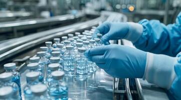 In a busy pharmaceutical factory, a skilled medical professional in gloves processes vaccine vials on an assembly line, demonstrating precision and strict hygiene adherence during this critical task photo
