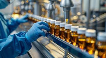 A skilled medical professional inspects vaccine vials on a hightech assembly line, highlighting the importance of precision and efficiency in modern medicine production and distribution photo