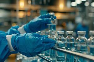 A dedicated medical worker is meticulously handling vaccine vials on an efficient assembly line, ensuring utmost precision, accuracy, and safety at every critical and important step of the process photo