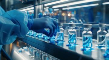 This is a detailed closeup view showcasing a dedicated medical professional who is meticulously handling vaccine vials on an assembly line within a hightech pharmaceutical factory environment photo