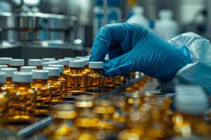 A dedicated medical worker in gloves carefully handles vaccine vials on a busy assembly line, emphasizing the importance of precision and accuracy in drug production and distribution photo