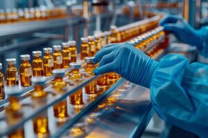 A skilled medical professional is working with vaccine vials on an assembly line, highlighting essential healthcare production processes vital for improving public health outcomes photo