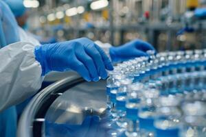 A closeup shows a medical workers hands skillfully handling vaccine vials on an assembly line, highlighting the precision and expertise needed for the critical vaccine packaging process photo