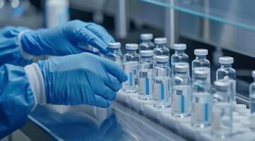 In a busy pharmaceutical factory, a skilled worker carefully handles vaccine vials, demonstrating the precision and dedication essential to the complex vaccine production process from start to finish photo