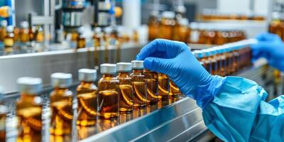 A skilled medical professional inspects vaccine vials on a busy assembly line, ensuring strict quality standards are met throughout the production process, which is vital for public health photo