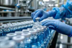 The hands of a dedicated medical worker diligently assembling vaccine vials on a production line located within a hightech pharmaceutical manufacturing factory, ensuring efficiency and precision photo