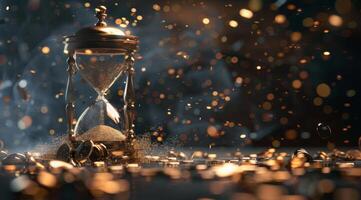 An elegant hourglass, surrounded by shimmering golden coins, symbolizes the link between time and wealth, capturing beauty and transient prosperity, inspiring reflection on lifes values photo