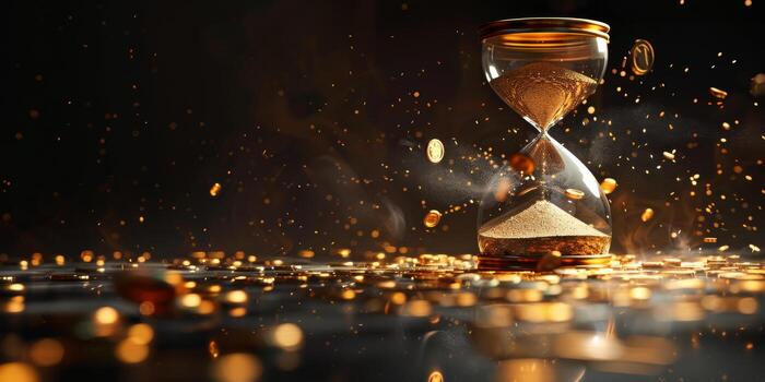 Envision a captivating hourglass with golden sand flowing inside, surrounded by gleaming coins, symbolizing the intricate relationship between time and wealth in a stunning, inviting setting photo