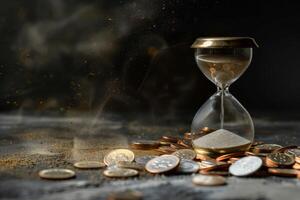 An artistic arrangement that features an hourglass paired with scattered coins, which together represent the profound connection between the concepts of time and money in a visually striking manner photo