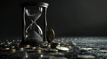 An hourglass with coins symbolizes the link between time and finances, reminding us that every moment can impact our wealth and choices, emphasizing the importance of valuing each second photo