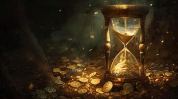 An hourglass rests among shimmering gold coins, illuminated by soft light, symbolizing the relentless passage of time and the allure of hidden riches that attract the adventurous spirit photo