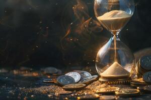 This captivating artwork blends an hourglass with coins, illustrating the connection between time and wealth, inviting reflection on lifes true value and the essence of personal prosperity photo