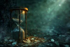 Amid shimmering coins, an enchanting hourglass glows softly, emphasizing time and treasure in a dreamlike atmosphere, provoking contemplation and wonder about lifes mysteries and journey photo