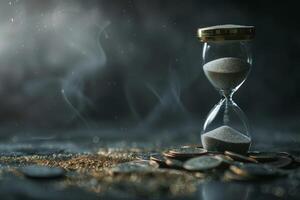 An artistic hourglass surrounded by scattered coins symbolizes the passage of time and the value of wealth, capturing the impact of time on financial decisions and encouraging contemplation photo