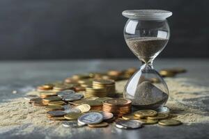 An hourglass on scattered coins symbolizes the relationship between time and money, capturing the essence of financial management and urging individuals to consider the impact of every second photo