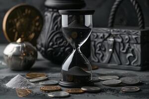 This striking artistic composition showcases an hourglass, vintage coins, and an ornate treasure chest, which together beautifully symbolize the continuous passage of time and the concept of wealth photo