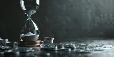 An hourglass with coins symbolizes the passage of time and its link to wealth, prosperity, and resource management, essential for achieving success and personal fulfillment in life photo