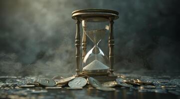 An hourglass surrounded by scattered coins symbolizes the passage of time and the value of financial resources, reflecting lifes fleeting moments and our aspirations for economic success photo