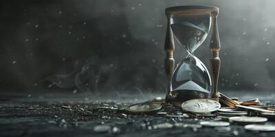 Nestled within a swirling mist, an ancient hourglass rests, surrounded by glimmering coins that dazzle and shine, symbolizing the complex passage of time and the manifold ideas surrounding wealth photo