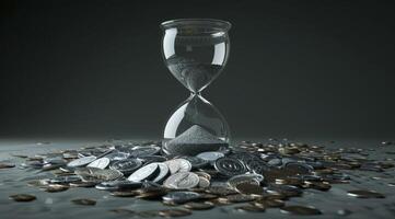 An artistic hourglass surrounded by an array of coins symbolizes the deep and profound connection between the inevitable passage of time and the intricate and complex concept of wealth in our lives photo