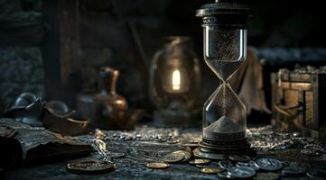 An enchanting hourglass sits on a rustic table, surrounded by coins, a lantern, and ancient artifacts, evoking a sense of time, history, and boundless adventure that sparks the imagination photo