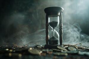 An exquisite hourglass gracefully sits atop scattered ancient coins, enveloped in swirling smoke, symbolizing the relentless passage of time and the complexities of wealth in our lives photo
