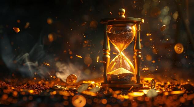 An enchanting hourglass is beautifully surrounded by a multitude of shimmering coins and ethereal particles, symbolizing the intricate passage of time as well as the concept of wealth and abundance photo