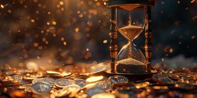 An artistic hourglass filled with shining coins symbolizes the passage of time and wealth. Under warm glow, its beautifully illuminated, enhancing its visual appeal and attracting attention photo