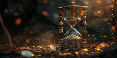 An exquisitely crafted hourglass, intricately designed among shimmering particles, evokes a sense of timelessness and magic within a captivating, mysterious environment that mesmerizes the senses photo