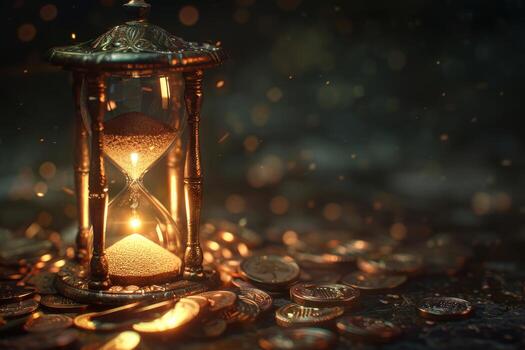 An exquisite hourglass, softly glowing in the dim light, is surrounded by an array of glimmering coins, beautifully evoking deep themes related to the passage of time and the essence of wealth photo