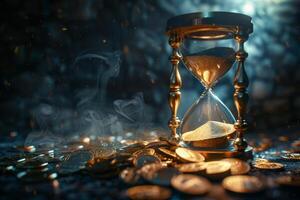 A beautifully designed golden hourglass gracefully sits atop an opulent pile of shimmering coins, symbolizing the intricate interplay of time and wealth, inviting contemplation and reflection photo