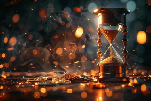 An enchanting hourglass, surrounded by shimmering particles, reflects the essence of time, while scattered coins add to the mystical ambiance that captivates the viewers imagination photo
