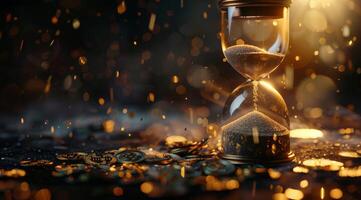 An artistic hourglass, surrounded by glimmering gold coins, symbolizes the link between time and wealth, merging aesthetics with a philosophy that prompts reflection on life and prosperity photo