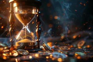 This beautiful and artistic depiction features a stunning hourglass elegantly surrounded by shimmering coins, richly symbolizing the intricate passage of time intertwined with wealth and abundance photo