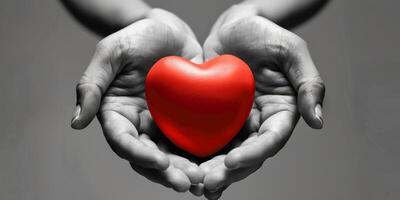 An artistic image of two hands gently cradling a vibrant red heart, symbolizing profound love and compassion photo