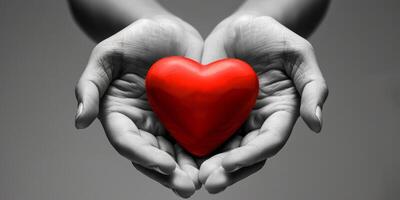 An image depicts two hands gently and lovingly cupping a vivid, bright red heart against a soft, monochromatic backdrop photo