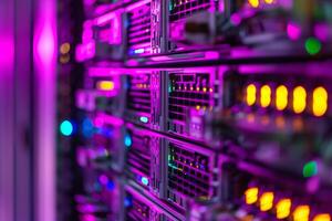 This vibrant data center is showcasing the latest advanced server technology along with striking LED lighting features photo