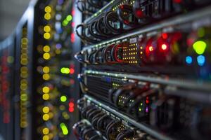 A close-up view of server racks illuminated with colorful lights and intricate cabling in a data center. photo