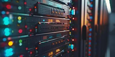 This is a detailed closeup view showcasing illuminated server racks within a modern, cuttingedge data center photo